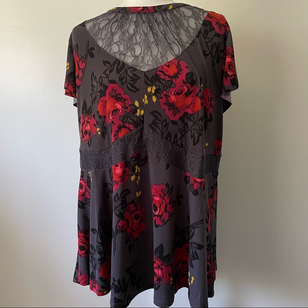 Dark Slate Grey Floral Studio Knit & Lace Mock Neck Peplum Blouse